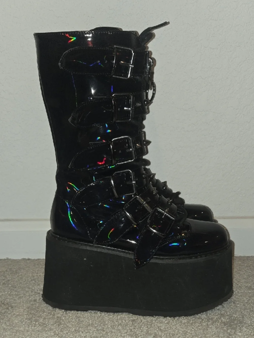 DEMONIA Black Mid-Calf Boots with‎ Hologram Detail Size 6